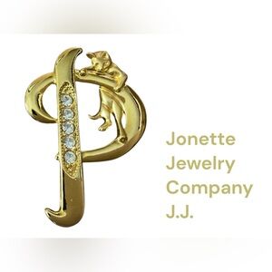 Vintage JJ Cat Monogram P Brooch Gold Tone Rhinestone Initial Pin